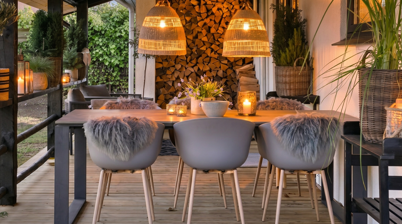 Overdækket terrasse med spiseplads
